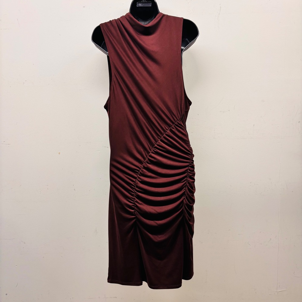 Anthropologie Ruched Cowl Neck Sleeveless Modal Dress Burgundy Rust XL OB2210389 - Picture 4 of 7